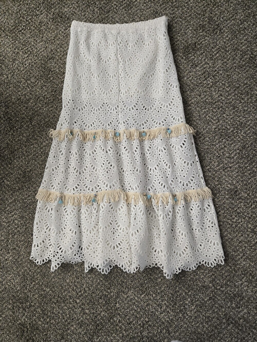 GQ Designed by Gipsy Queen Paris White Eyelet Tiered Midi Skirt with Fringe Trim